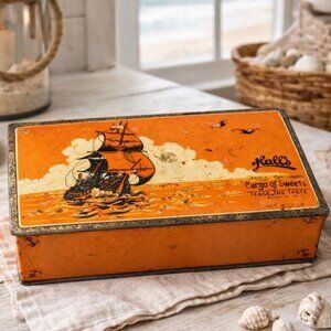 Vintage Nautical Clipper Ship Tin Halls Cargo Candy Toffee Canco Advertising Box